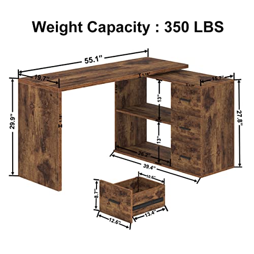 Black L Shaped Computer Desk with Drawers, 55 Inch V256739