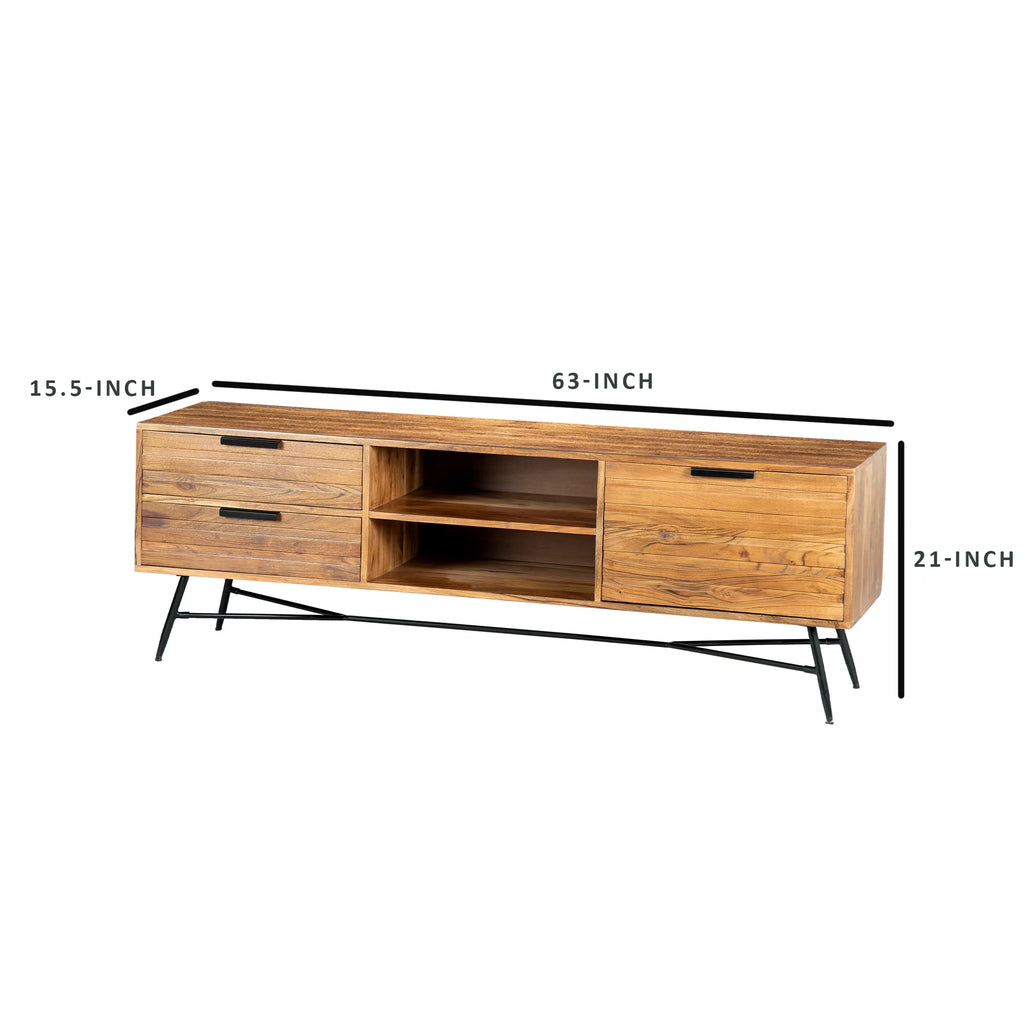Wooden Media Console with Slanted Metal Base, Brown and Black Q6010