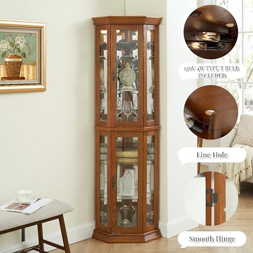 Lighted Corner Curio Display Cabinet with Adjustable Shelves & Mirrored Back G250916