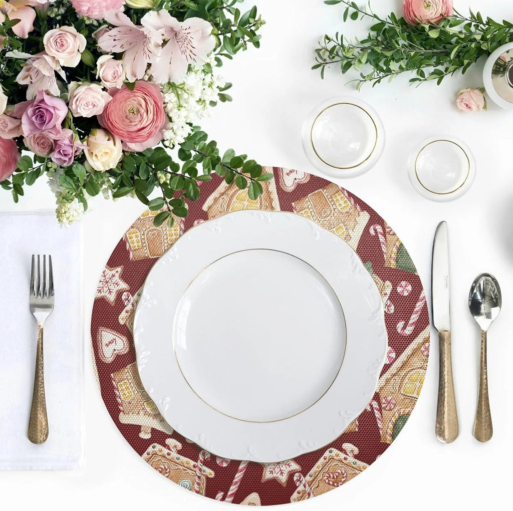 Christmas Gingerbread House Round Placemats Set of 6 Non-Slip PVC Washable Heat Resistant 15.4 Inch M905200