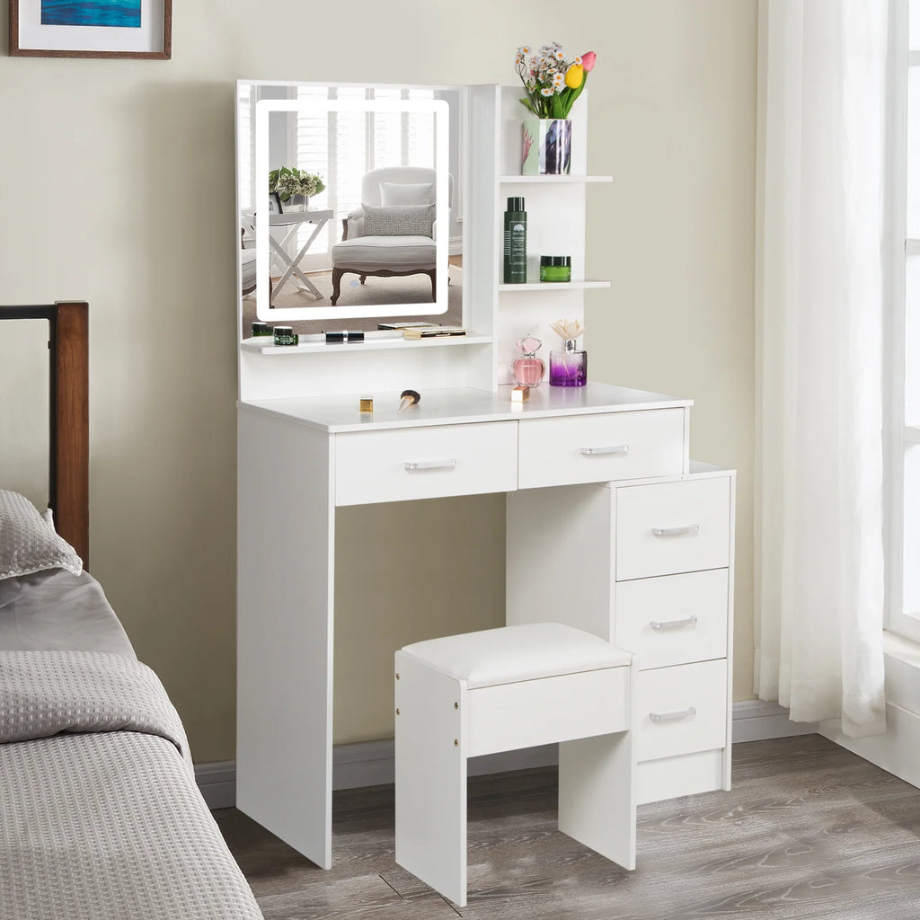 White Vanity Set with Lighted Mirror, Drawers and Stool G68881