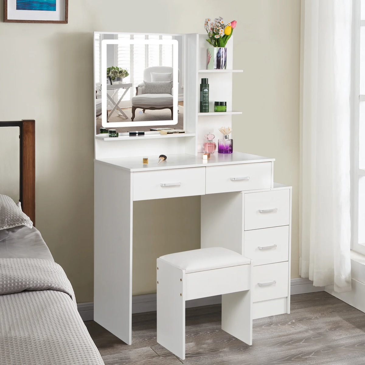 White Vanity Set with Lighted Mirror, Drawers and Stool G68881