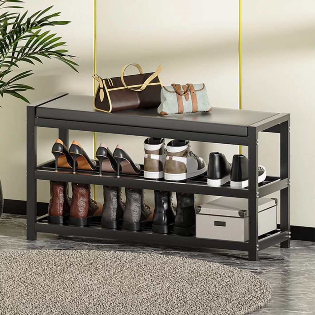 2-Tier Gray Shoe Rack Bench with Vegan Leather Seat Q85805
