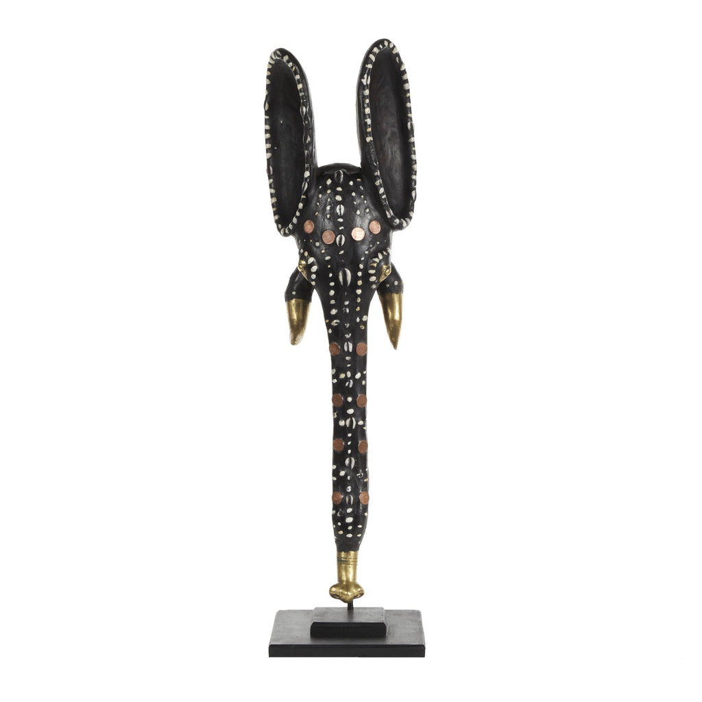 Hand-Carved Brown Wood and Aluminum Elephant Mask on Stand N351939