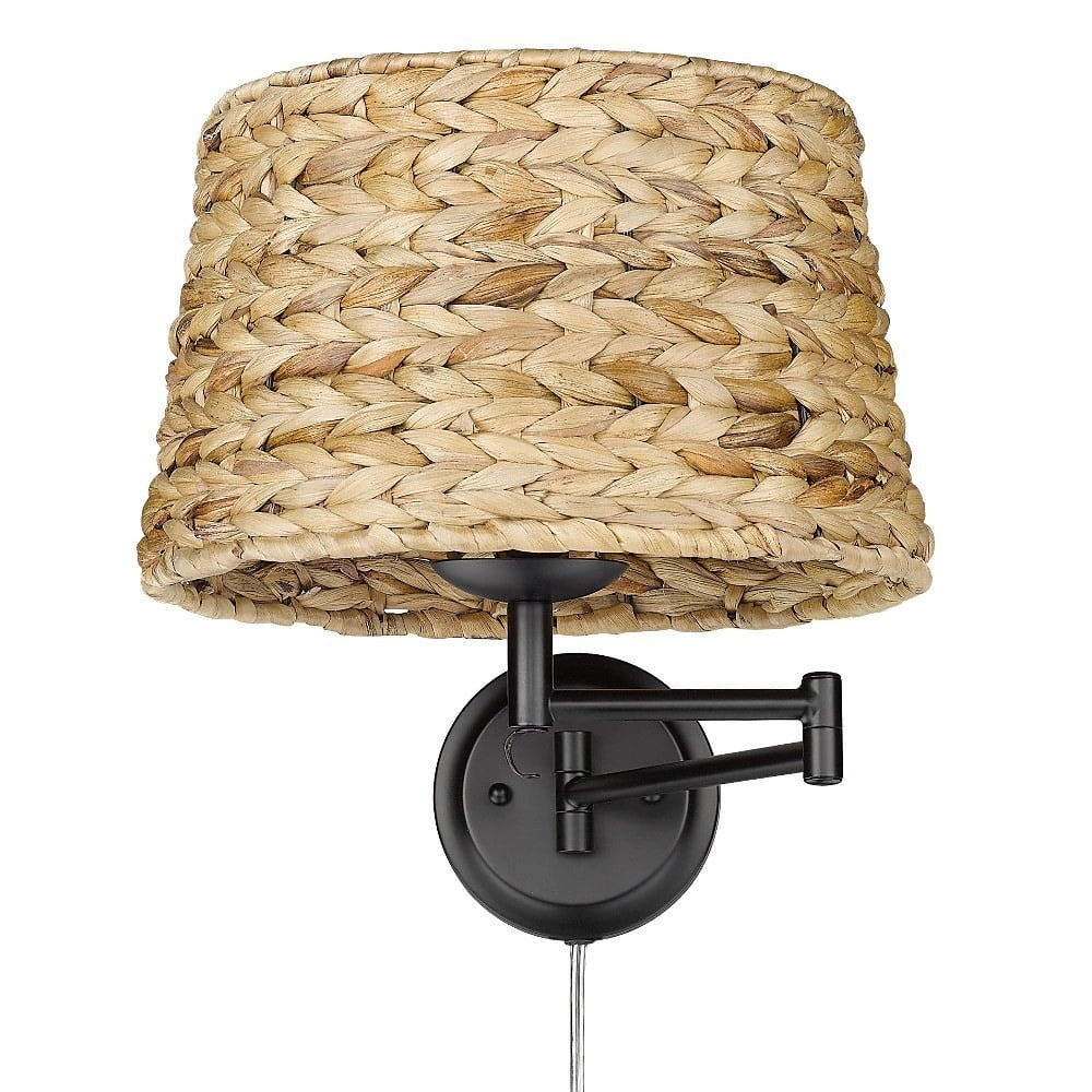 Matte Black Swing Arm Wall Mount Lamp with Woven Sweet Grass Shade Y545