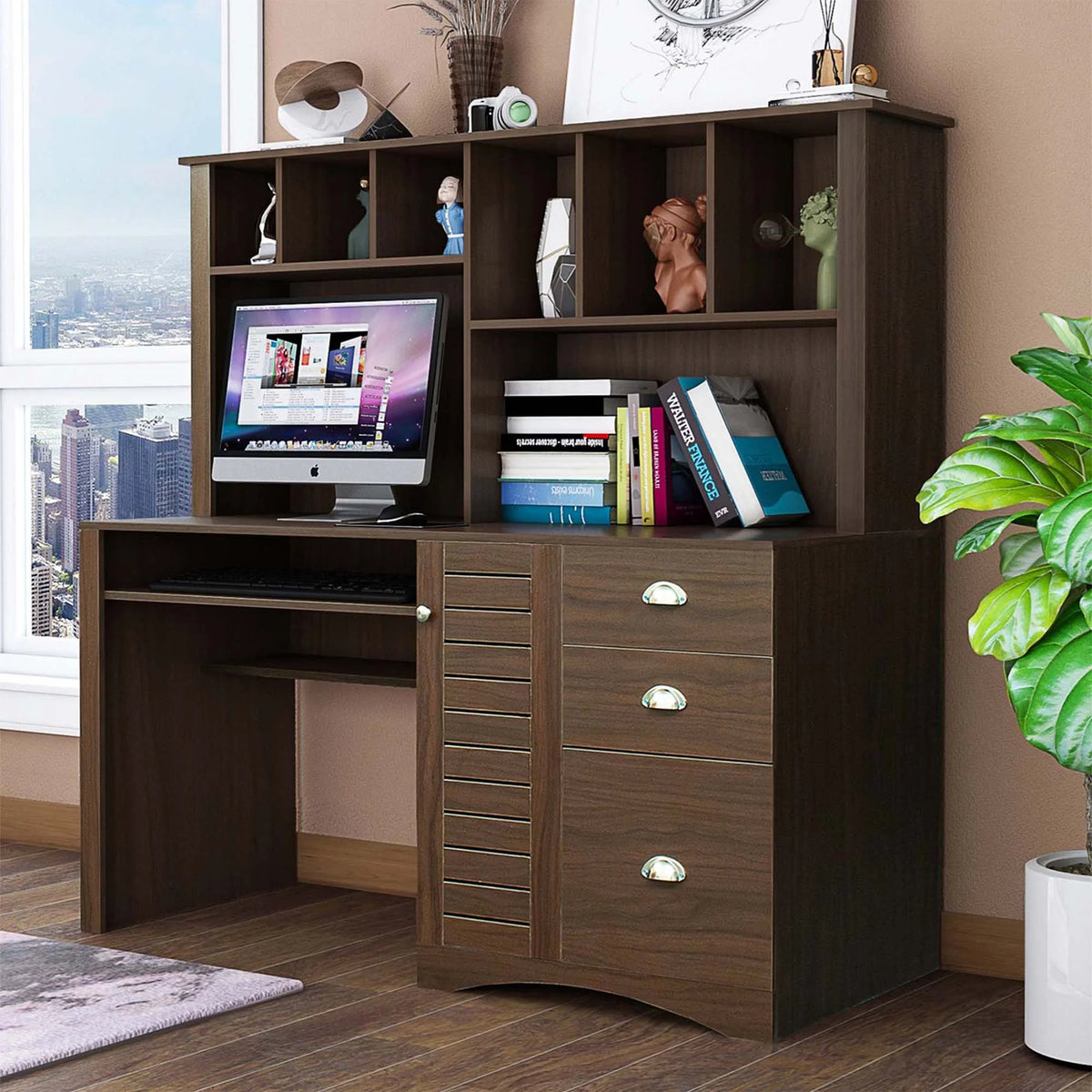 Walnut Computer Desk with Hutch and 3 Drawers U92458