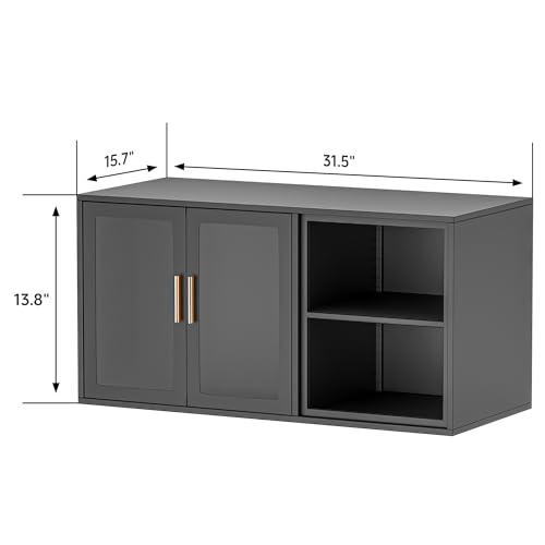 Black Over Toilet Wall Mounted Metal Cabinet with Two Glass Doors and Shelves U134
