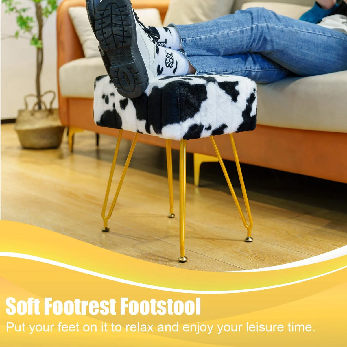 Faux Fur Vanity Stool with Golden Metal Legs A231132