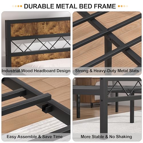 Queen Metal Platform Bed Frame with Wooden Headboard, Brown O62683