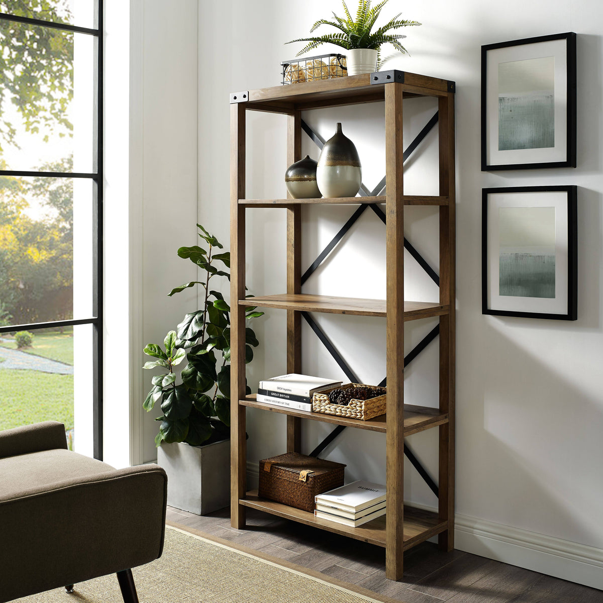 Rustic Oak Metal Bookcase C152746