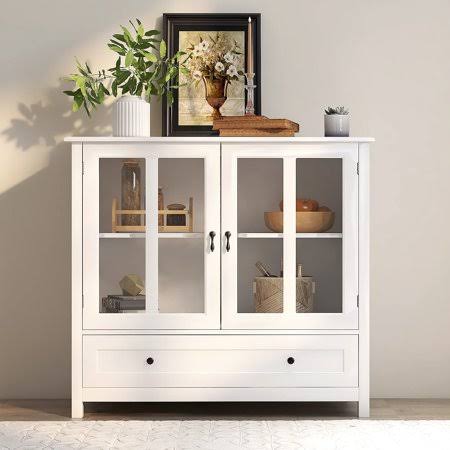 Buffet Storage Cabinet with Glass Panel Doors and Adjustable Shelf Q21825