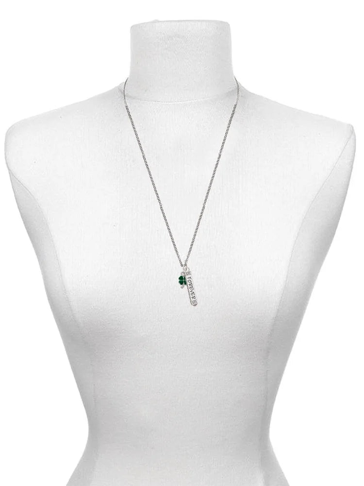 Silvertone Mini Green Four Leaf Clover Bar Charm Necklace, 23" Z4389