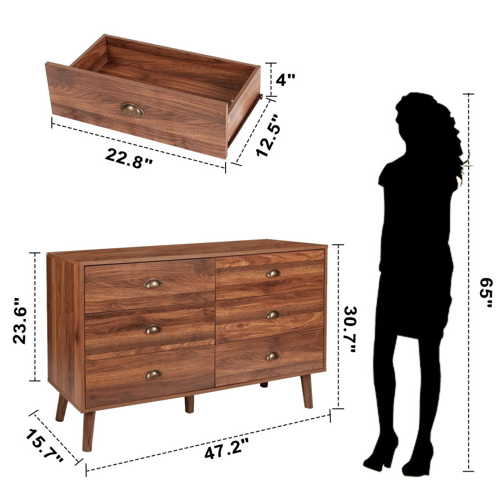 Wood 6 Drawer Dresser with Metal Handles T560