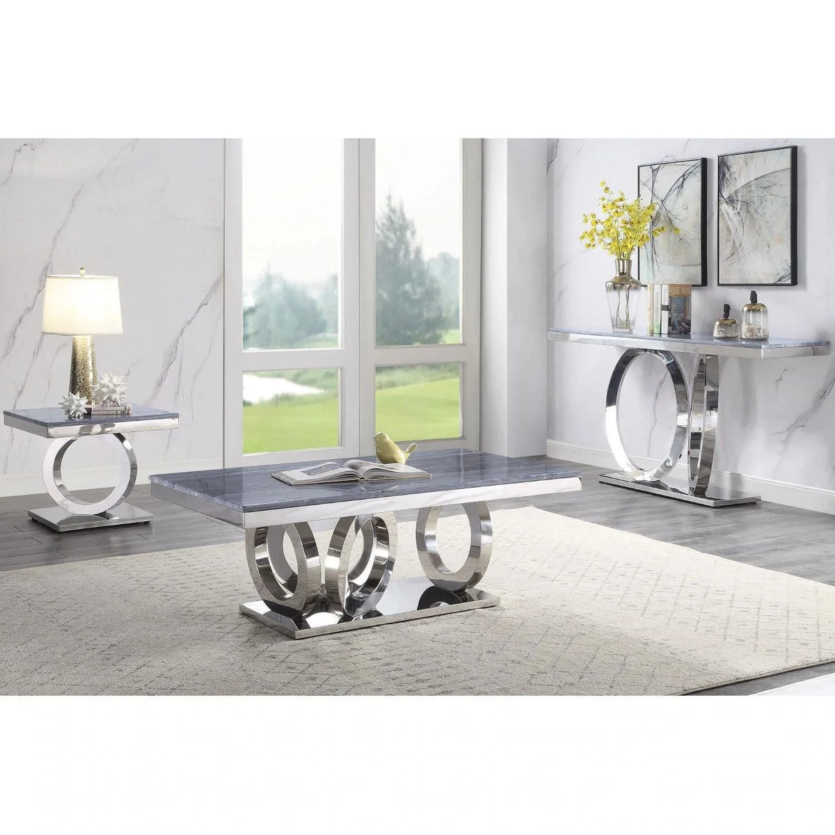 Modern Gray Mirrored Coffee Table End Table Accent Table E992205