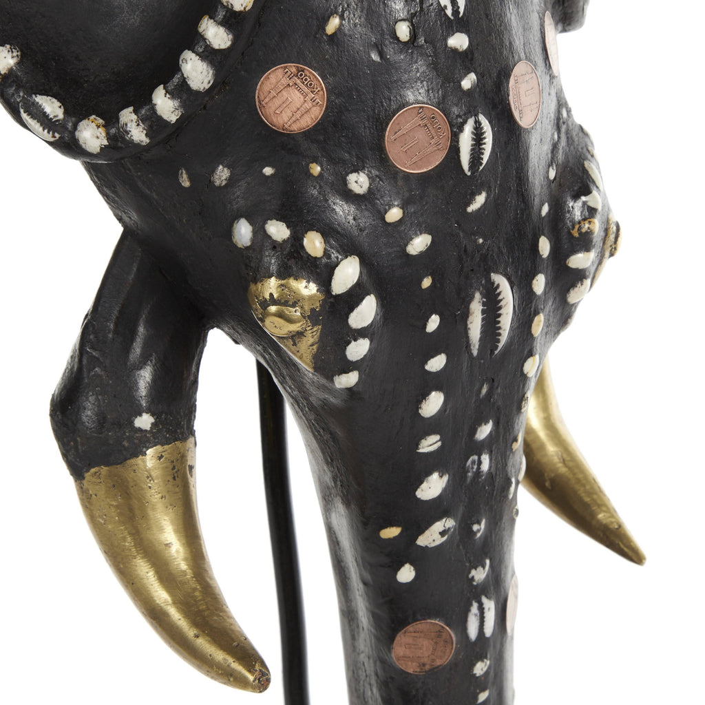 Hand-Carved Brown Wood and Aluminum Elephant Mask on Stand N351939