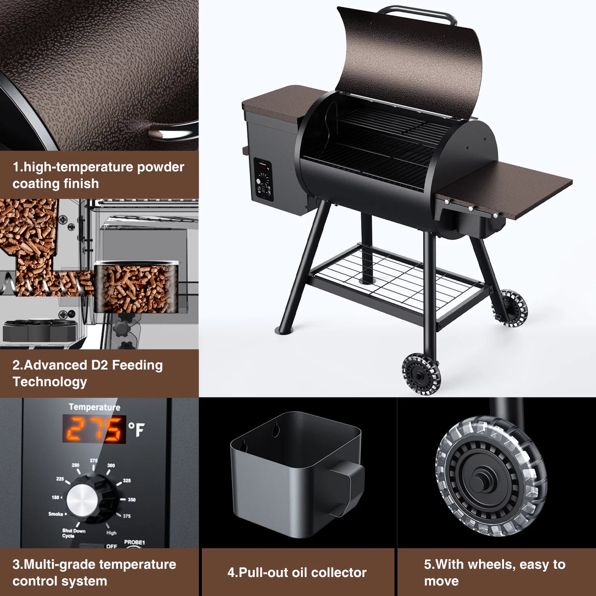 456 SQ.IN Pellet Grill Smoker with Side Shelf O606040