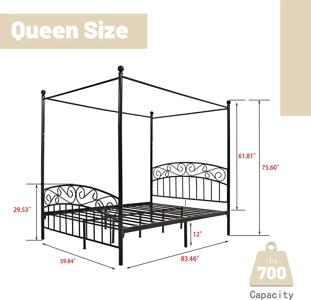 Queen Size Black Metal Canopy Bed Frame with Headboard Z370
