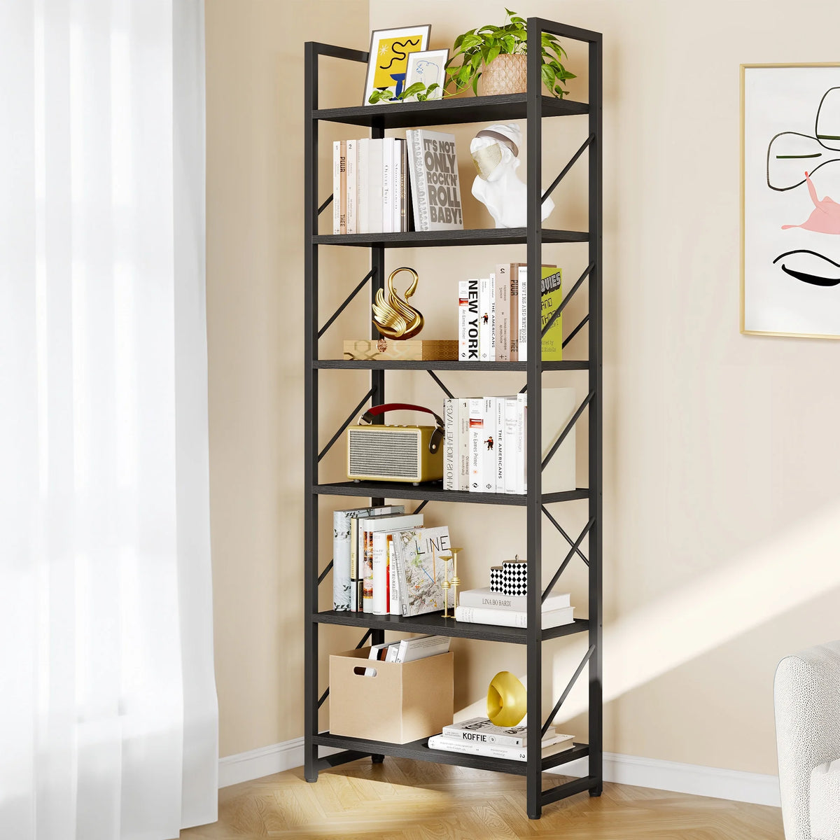 Black 6 Tiers Ladder Bookshelf W212