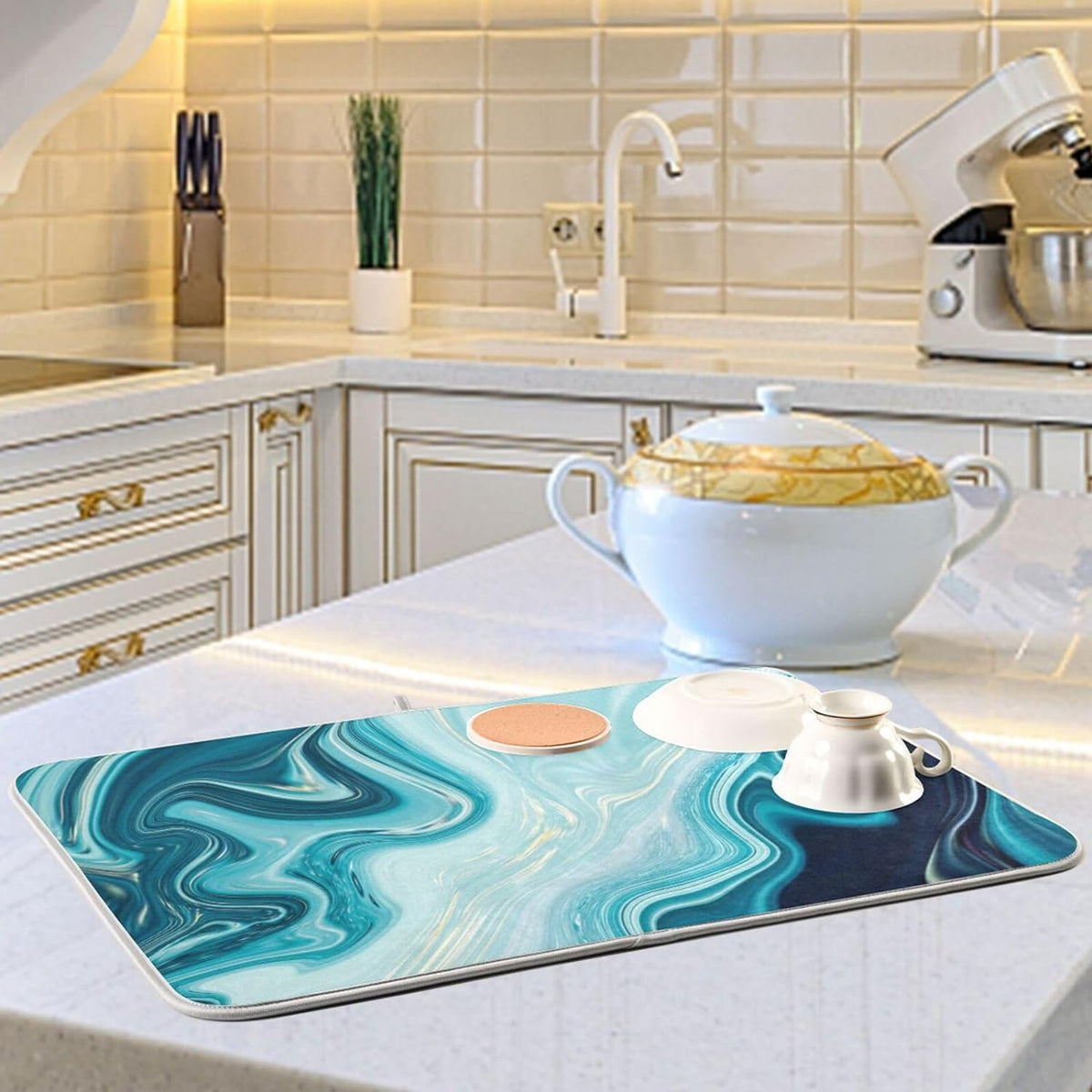 Blue Abstract Marble Dish Drying Mat (18x24Inch) J844