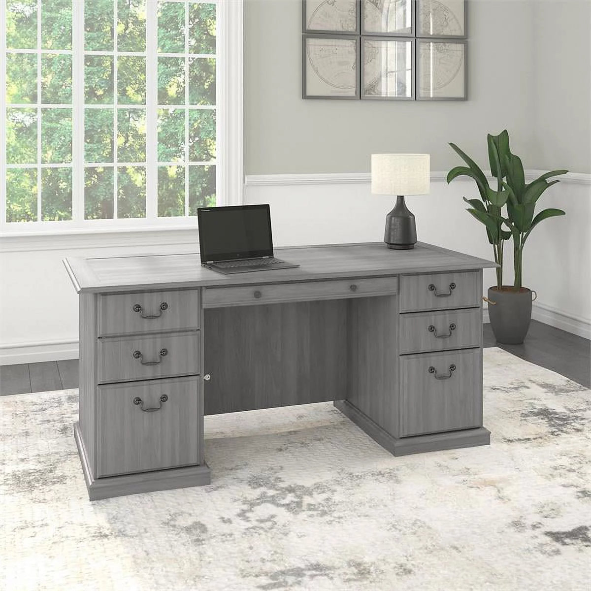 Gray Wood Executive Desk with Drawers O722