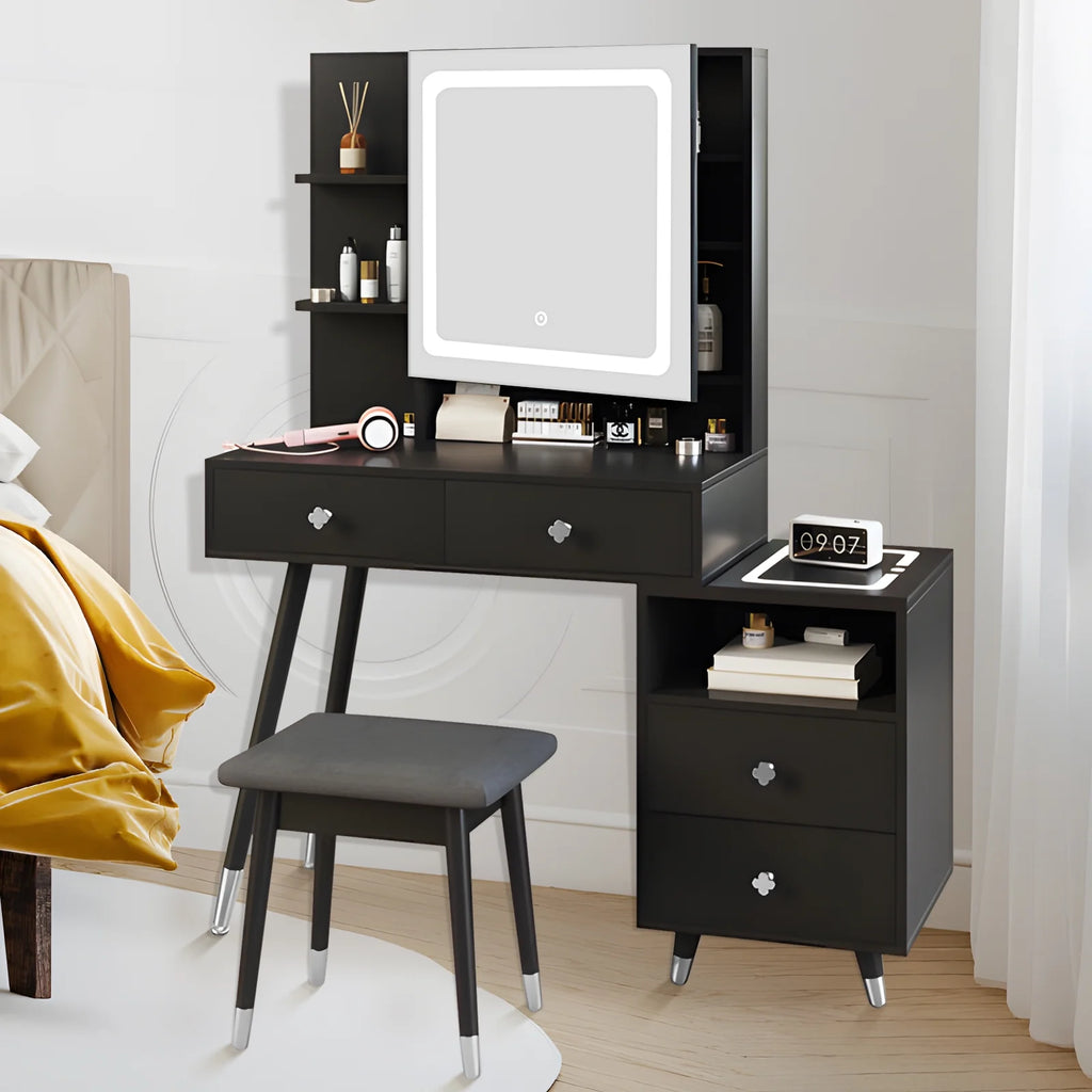 Black Dressing Table with Lighted Mirror, 4 Drawers and Stool V118