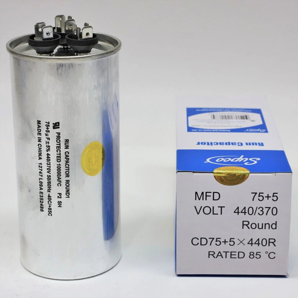 HVAC Motor Round Dual Run Capacitor 75 + 5 MFD 440 Volts C8624