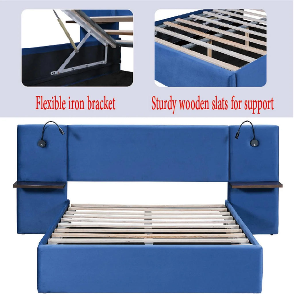 Full Size Upholstered Hydraulic Platform Bed with 2 Shelves, 2 Lights and 4 USB Ports, Blue D430