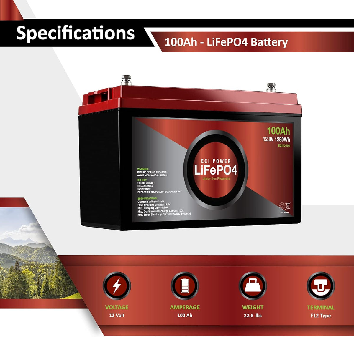 12V 100Ah Lithium LiFePO4 Deep Cycle Rechargeable Battery 2 Pack N10117
