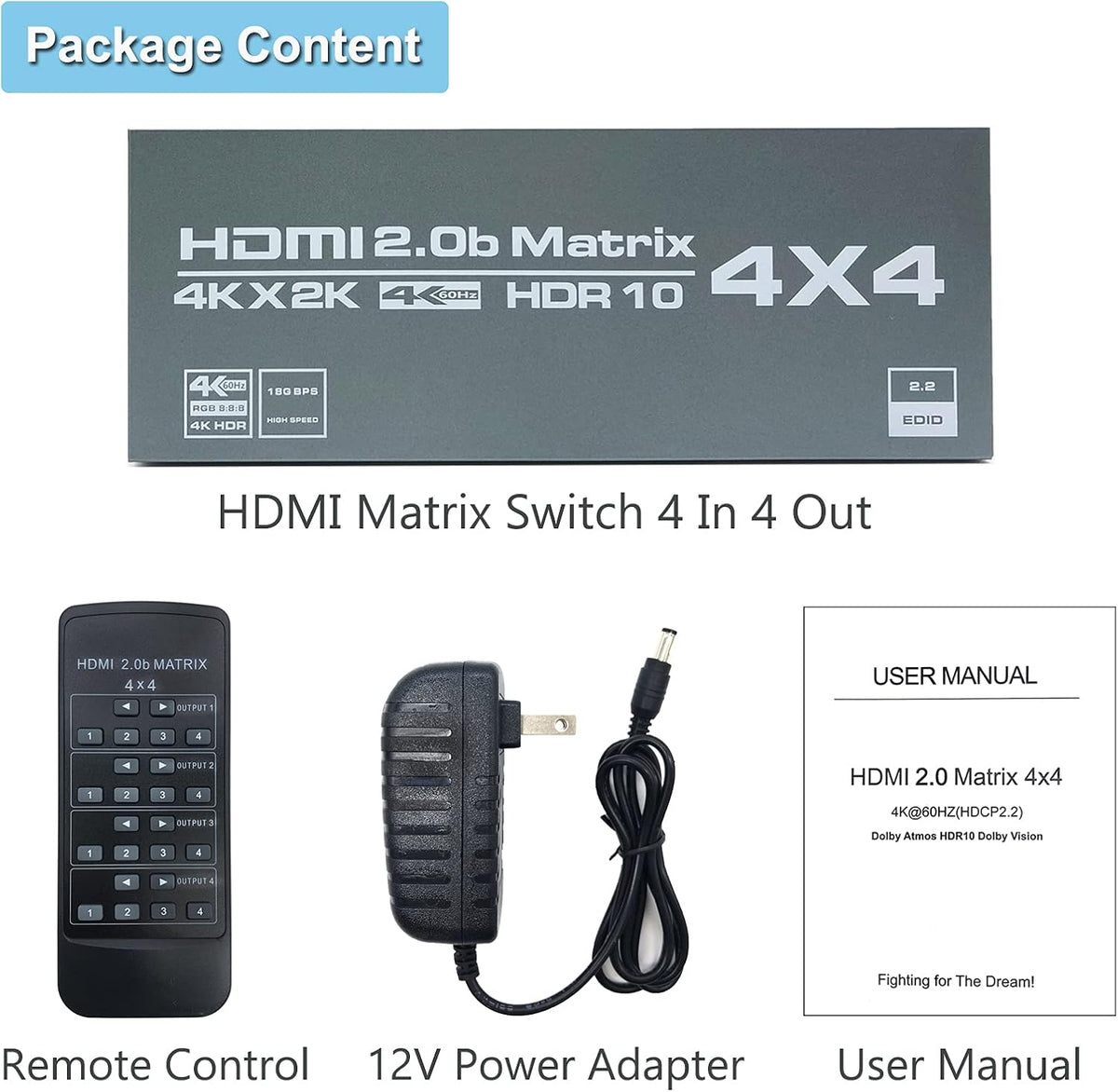 4K@60Hz HDMI Matrix Switch 4x4 with EDID Scaler and Remote Control Z227