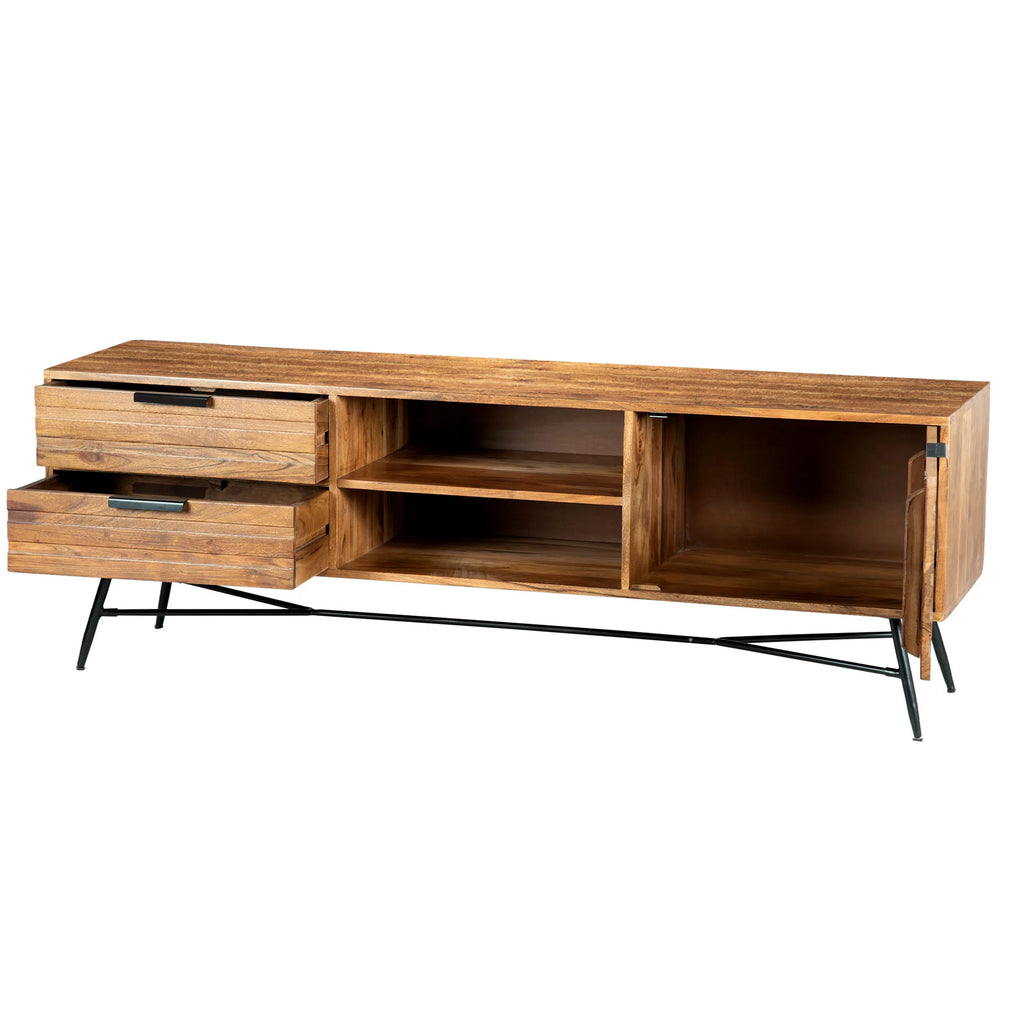 Wooden Media Console with Slanted Metal Base, Brown and Black Q6010