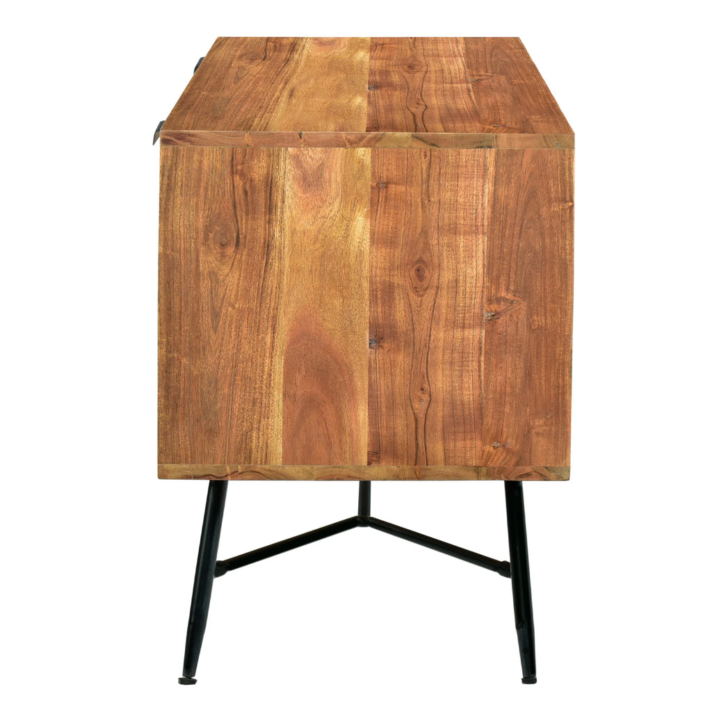 Wooden Media Console with Slanted Metal Base, Brown and Black Q6010