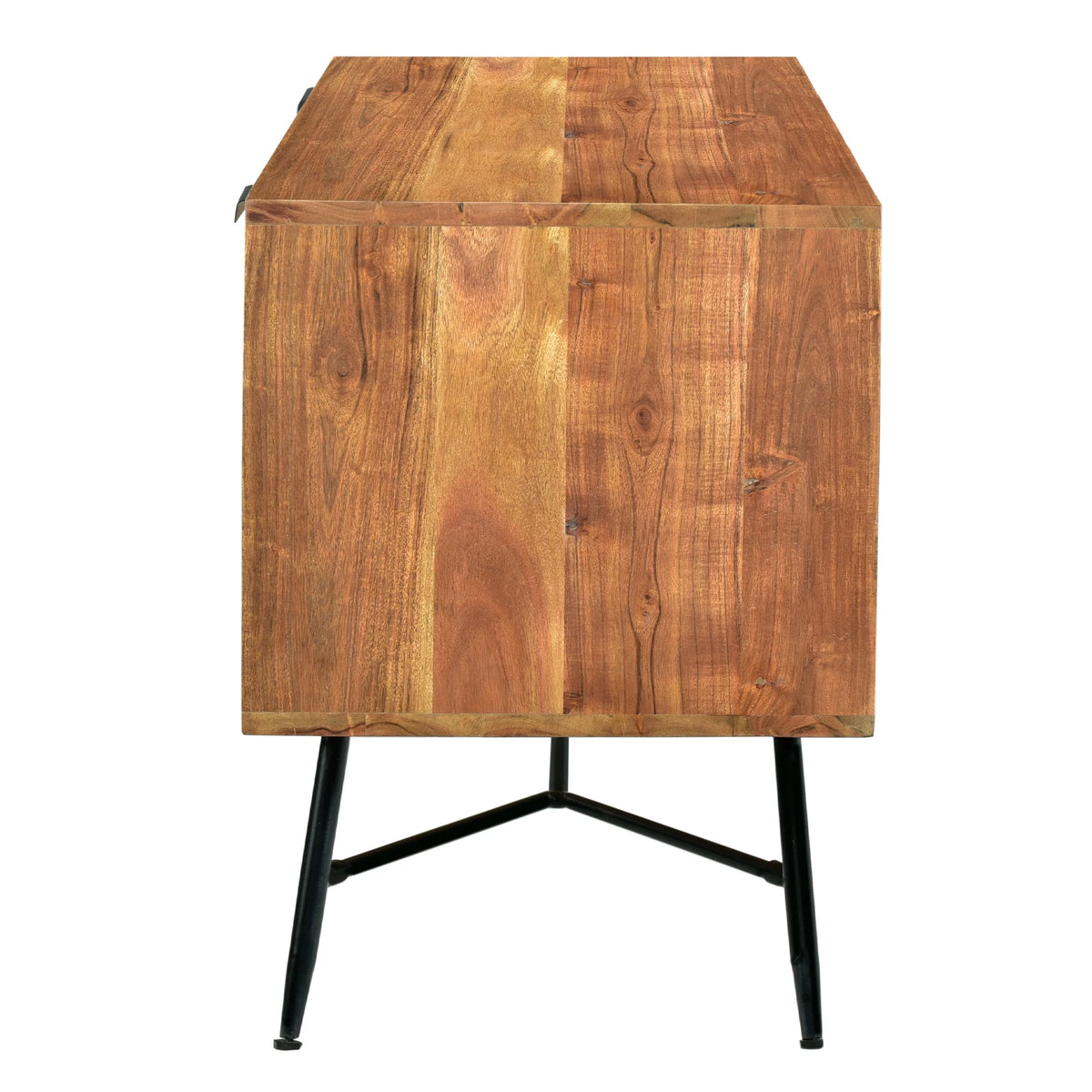 Wooden Media Console with Slanted Metal Base, Brown and Black Q6010