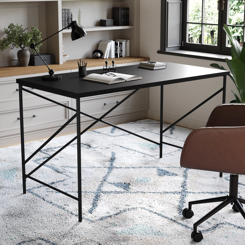 Black Wood Grain Parsons Desk with Metal X-Frame Y7546
