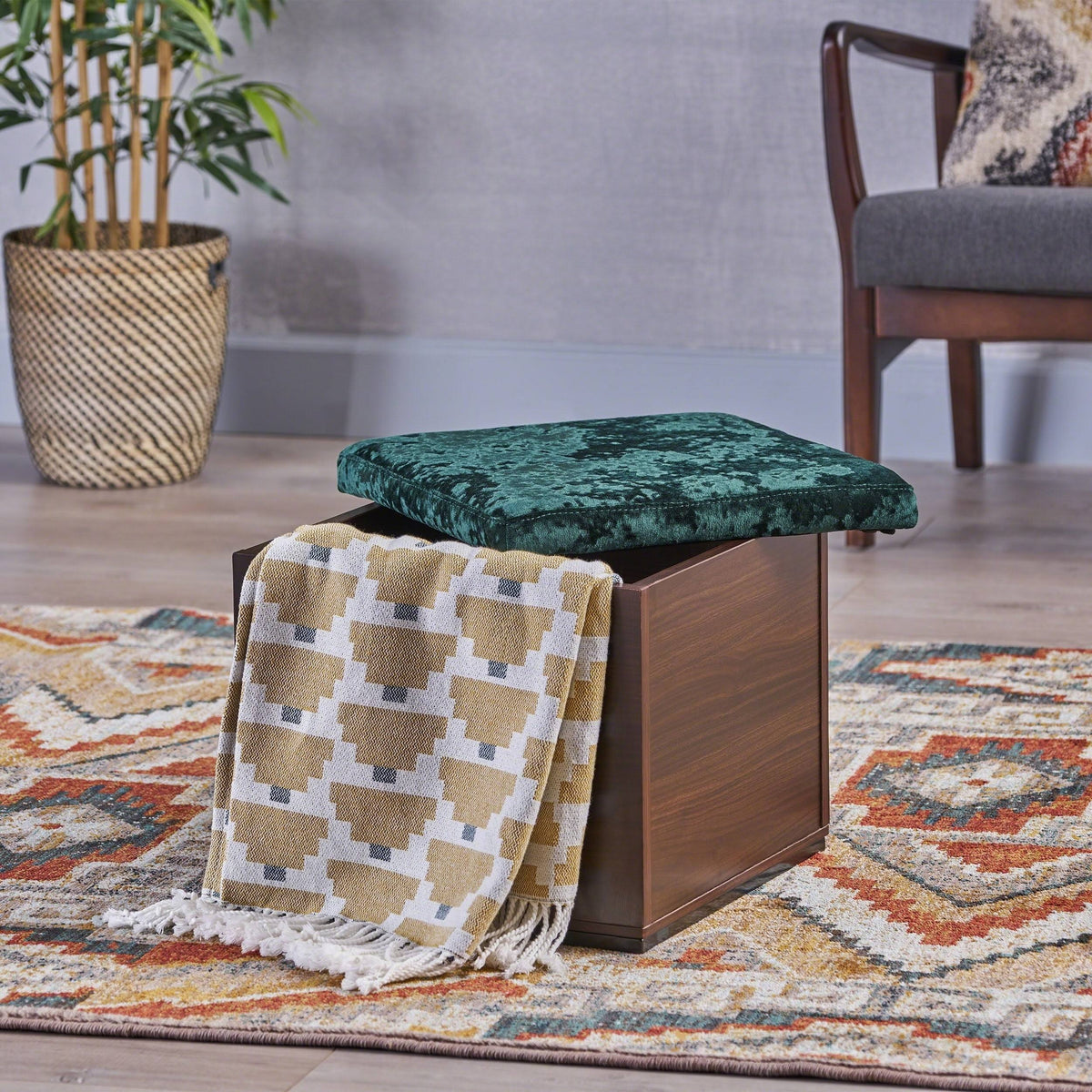 Black Gray Velvet Ottoman with Faux Wood Frame A274