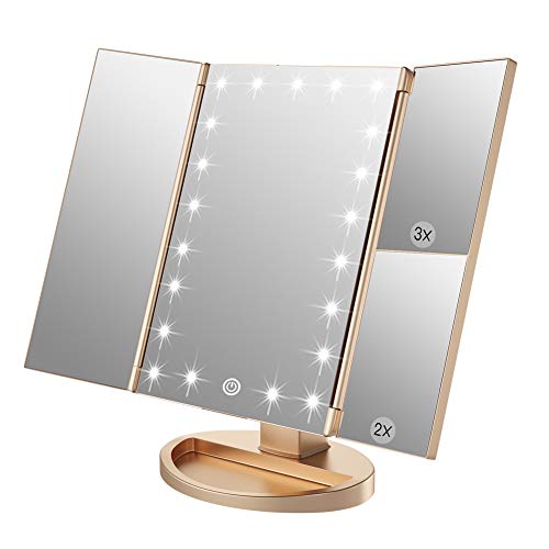 White Tri-Fold Makeup Mirror with 21 LED Lights and 1x/2x/3x Magnification L63026