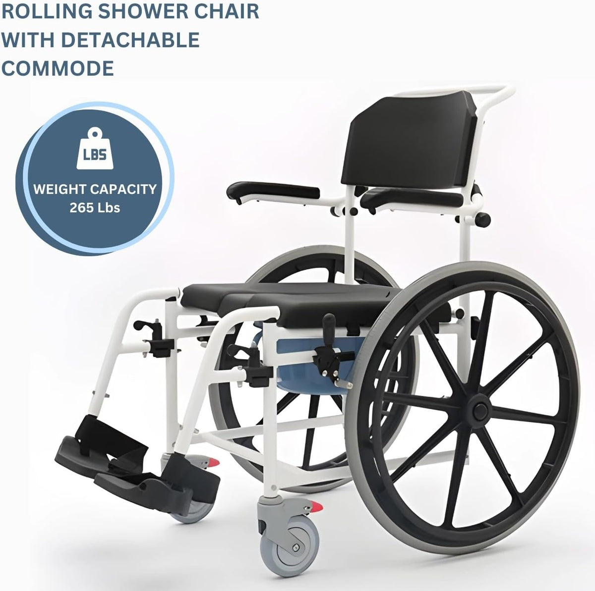 Rolling Shower Wheelchair with Commode, Padded Seat, 24" Rear Wheels, Non-Corrosive Aluminum Frame, 265 Lbs Weight Capacity, Black I385532