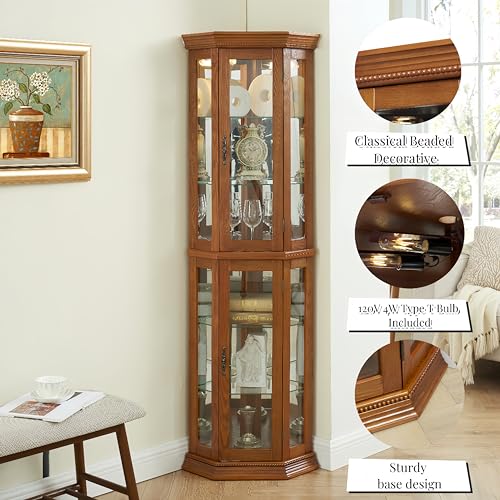 Lighted Corner Curio Display Cabinet with Adjustable Shelves & Mirrored Back G250916