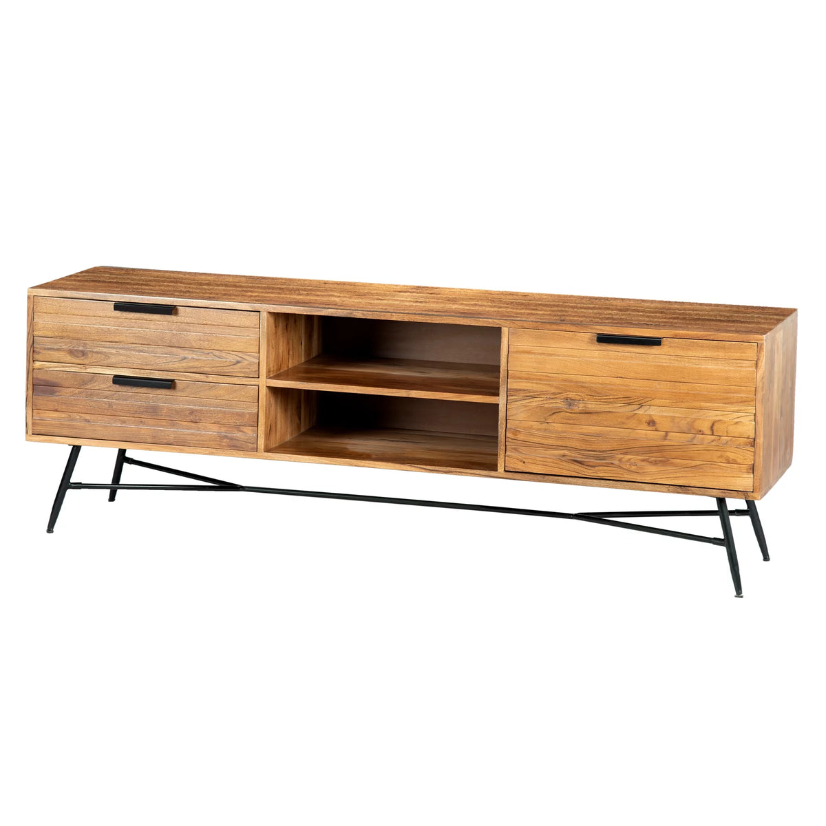 Wooden Media Console with Slanted Metal Base, Brown and Black Q6010