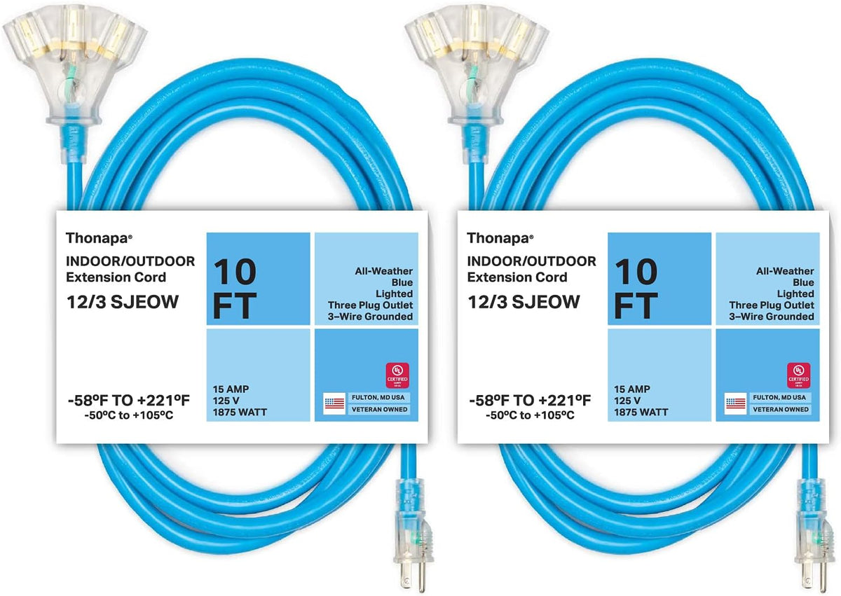 50 Ft All Weather Extension Cord with 3 Outlets, 12/3 SJEOW Heavy Duty Lighted Outdoor Cable E26360