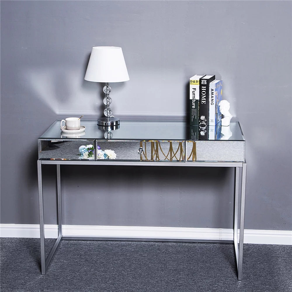 Mirror Table Dressing Table, Mirrored Glass Console Tables with Metal Frame, Silver T3873