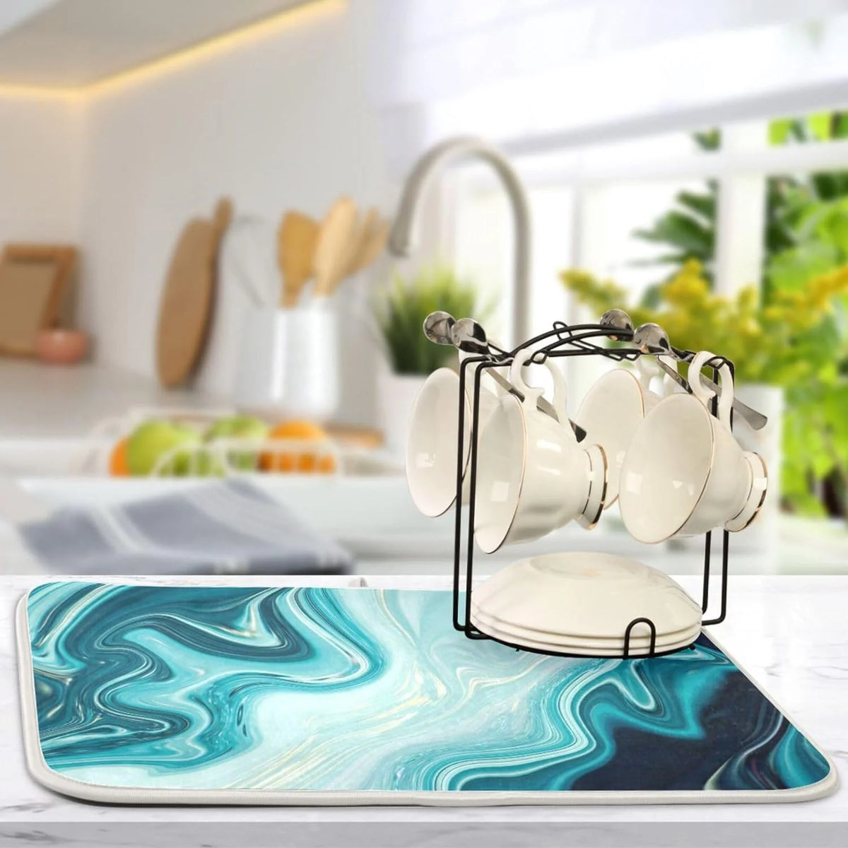 Blue Abstract Marble Dish Drying Mat (18x24Inch) J844