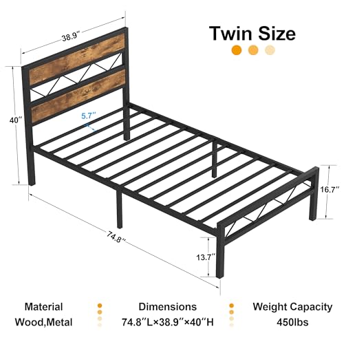 Queen Metal Platform Bed Frame with Wooden Headboard, Brown O62683