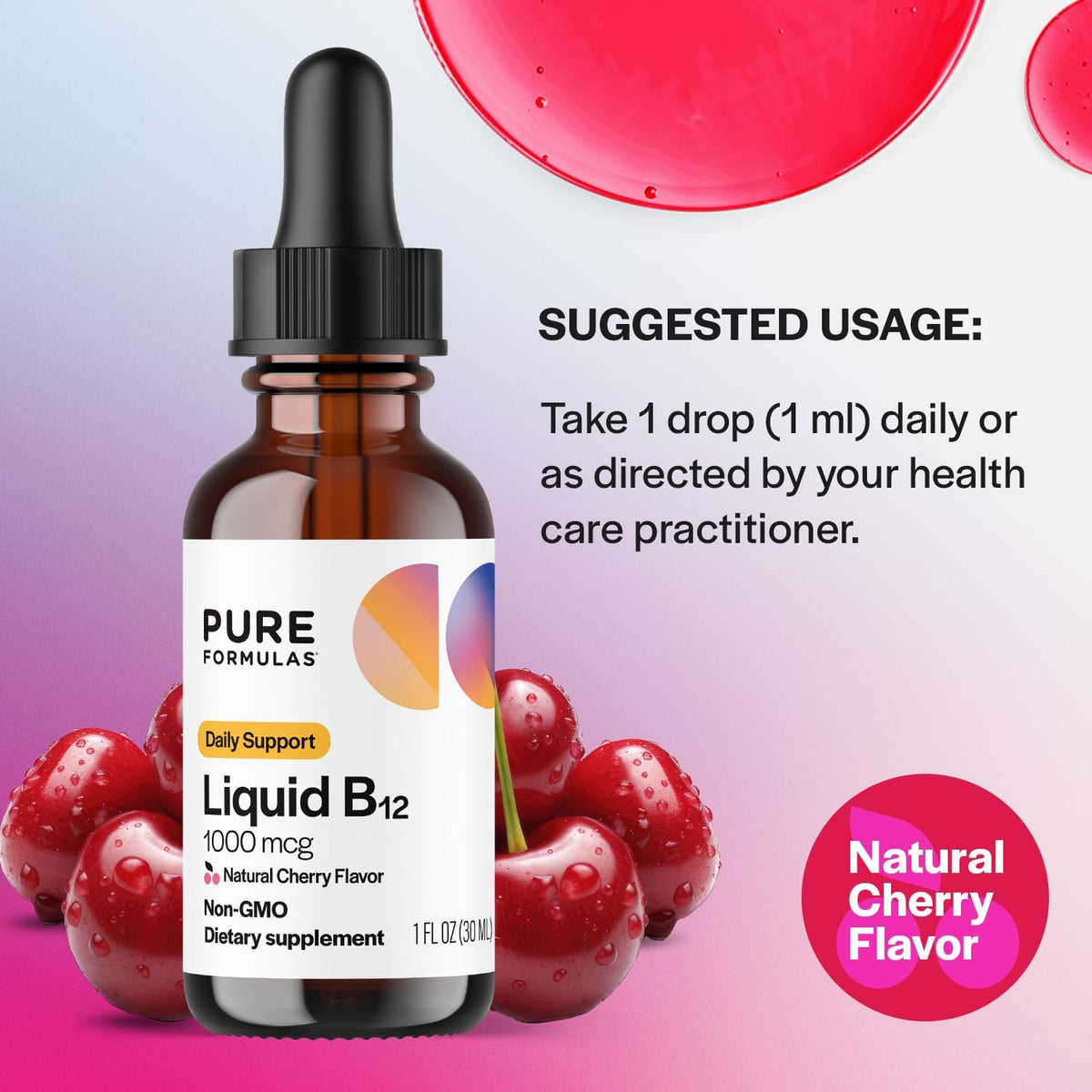 Liquid B12 1000 mcg Natural Cherry Flavor B12 Sublingual Drops Non-GMO Allergen-Free 1 fl. Oz. Y45369