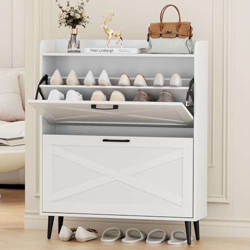 White Shoe Storage Cabinet with 2 Flip Doors and Metal Legs G551