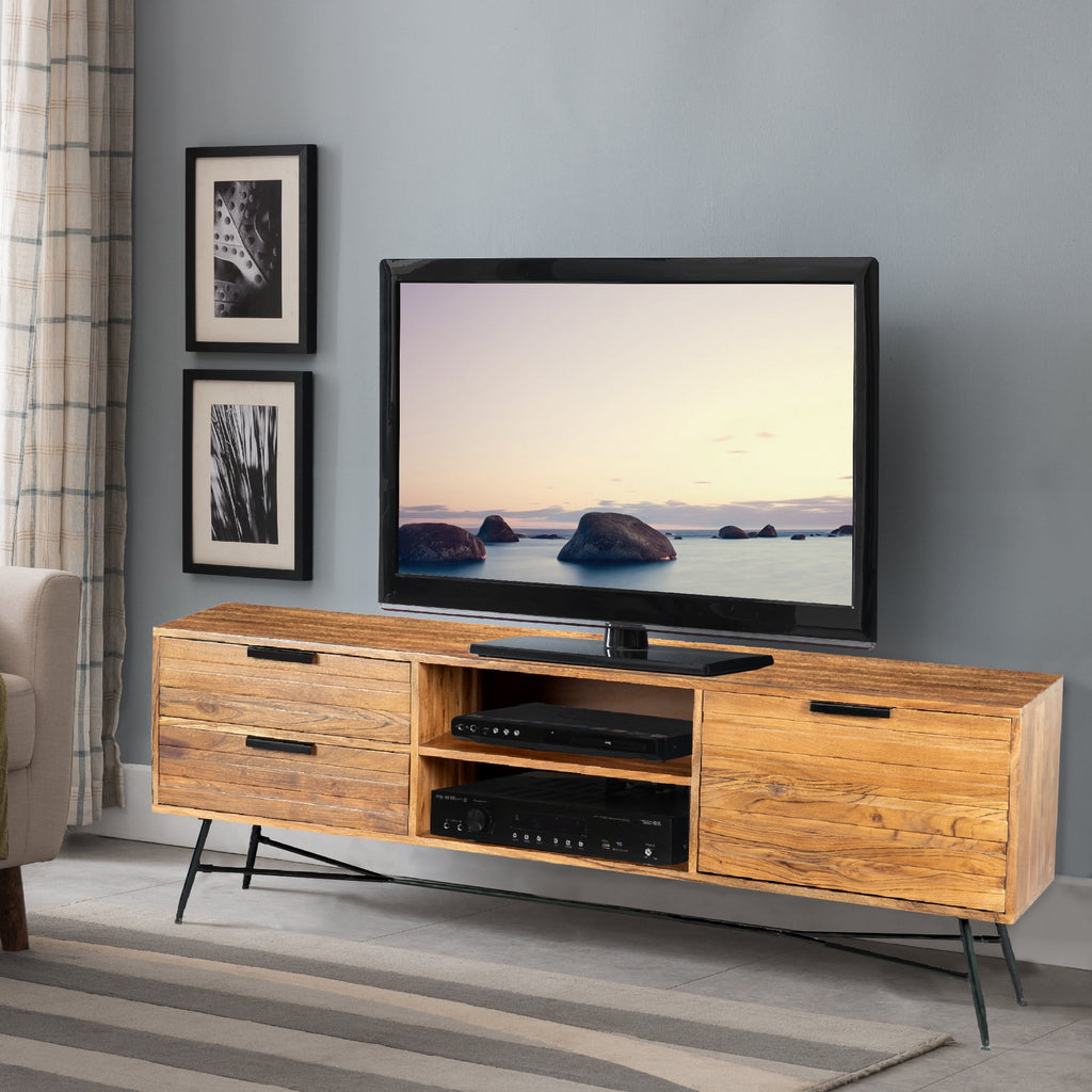 Wooden Media Console with Slanted Metal Base, Brown and Black Q6010