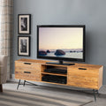Wooden Media Console with Slanted Metal Base, Brown and Black Q6010