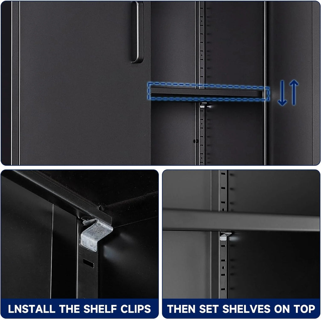 Black Metal Locking Storage Cabinet with 4 Doors and 2 Adjustable Shelves E8408