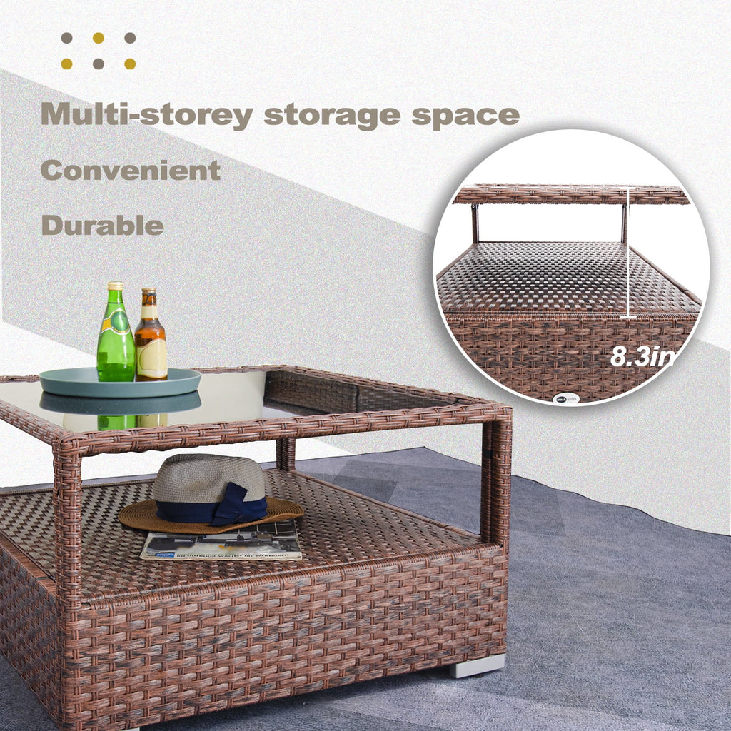 Mixed Brown Wicker Coffee Table with Glass Top and Storage Z505