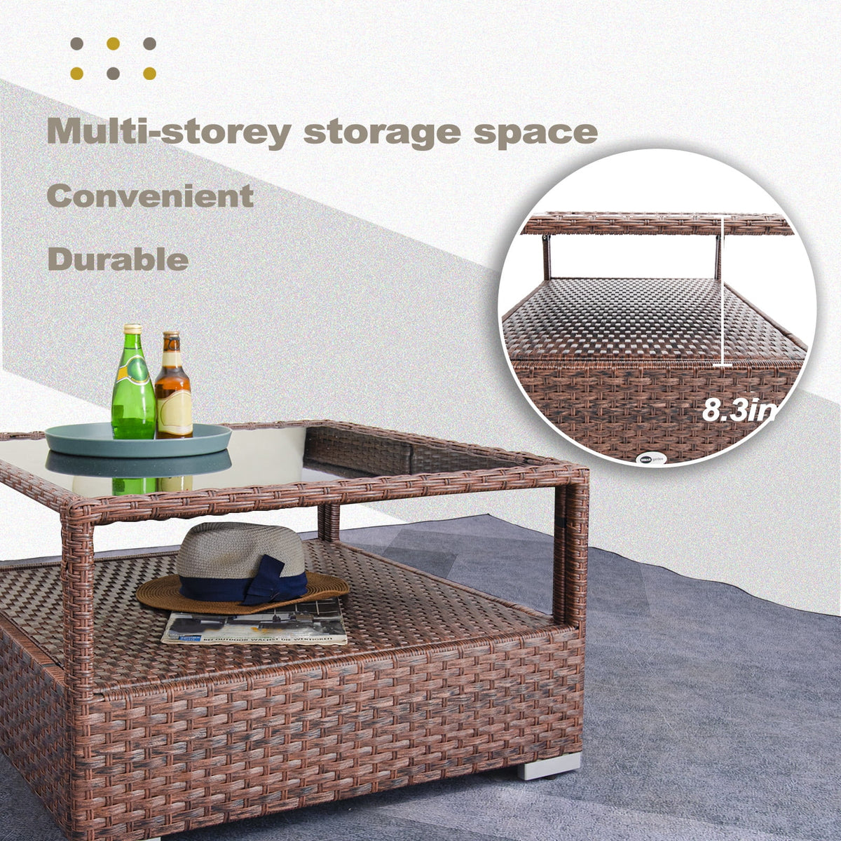 Mixed Brown Wicker Coffee Table with Glass Top and Storage Z505