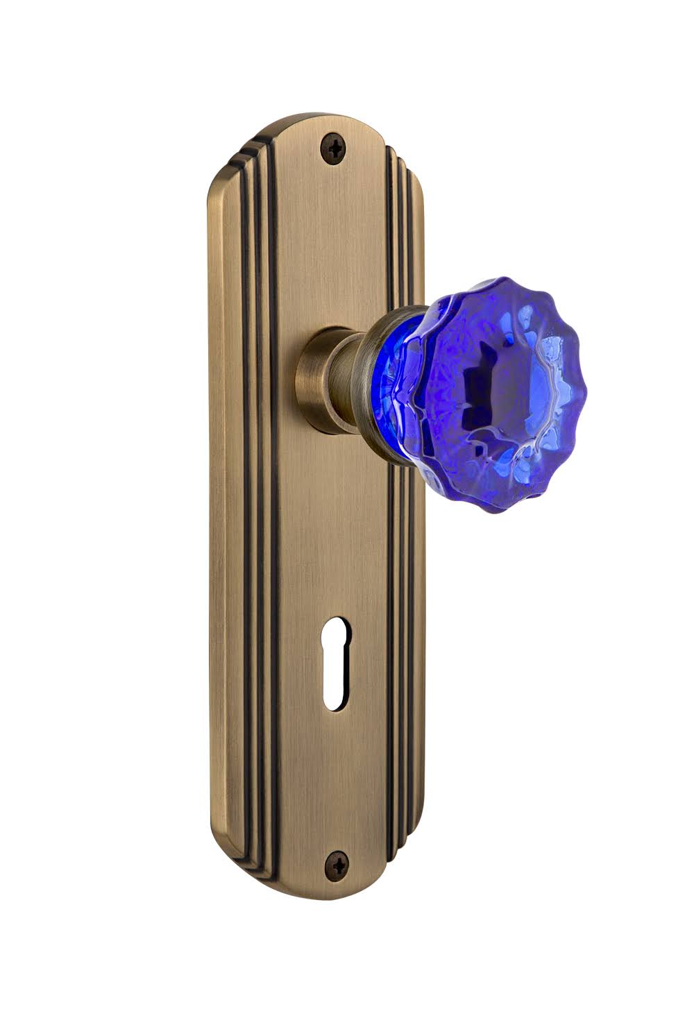 Deco Plate Interior Mortise Door Knob, Cobalt Crystal / Antique Brass J564352
